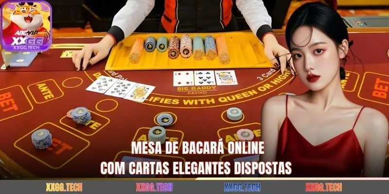 Mesa de bacará online com cartas elegantes dispostas